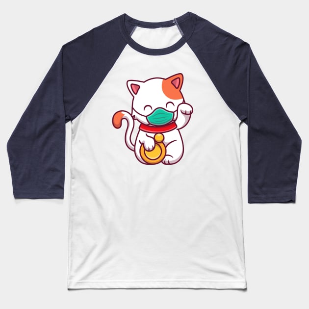 Cute Lucky Cat Wearing Mask Baseball T-Shirt by Catalyst Labs